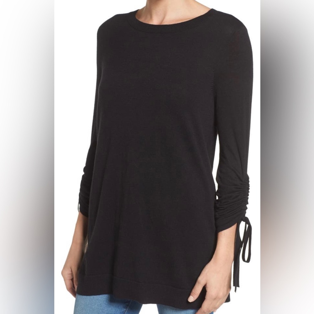 Halogen Ruched Sleeve Tunic Sweater, Small, Petite, Black, Good Condition